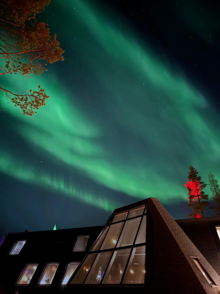 Northern Lights above the Glass Resort in Rovaniemi Finland. Northern lights season begins in August